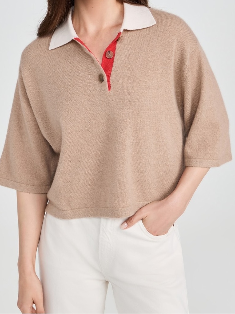 White + Warren High End Cashmere Relaxed Cropped Polo - True Camel Combo XS